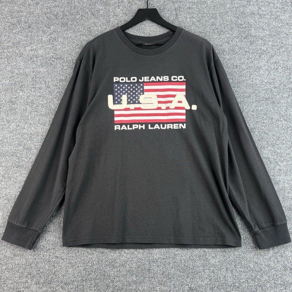 Vintage Polo Jeans Co Ralph Lauren Shirt Mens L Black USA American Flag Y2K